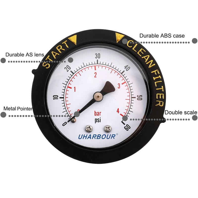 Uharbour Pool Pressure Gauge 60psi 1/4" NPT Back Mount, 2" Dial Pool Filter Pressure Gauge with Adjustable Bezel, Replacement for Swimming Pool Valve Filter - Image 5